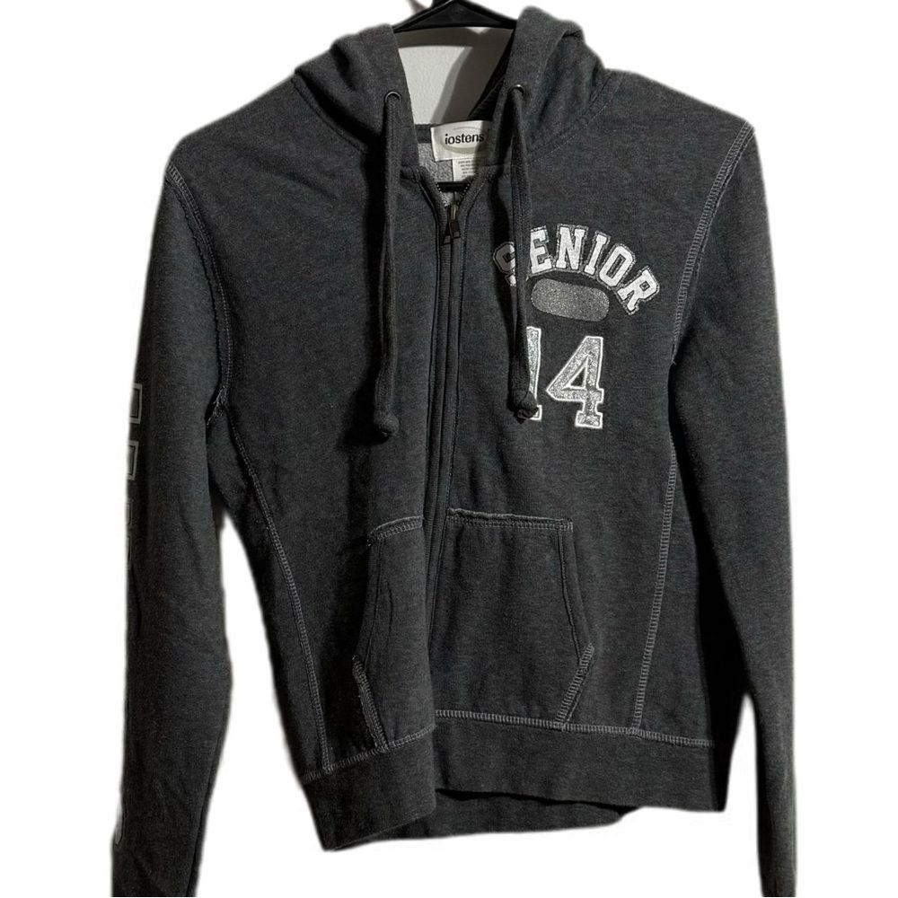 Gray Zip Up Sweater with Text Design